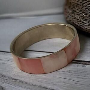 $5$ add on Pink shell wide Bangle Bracelet, silver tone interior. Unmarked